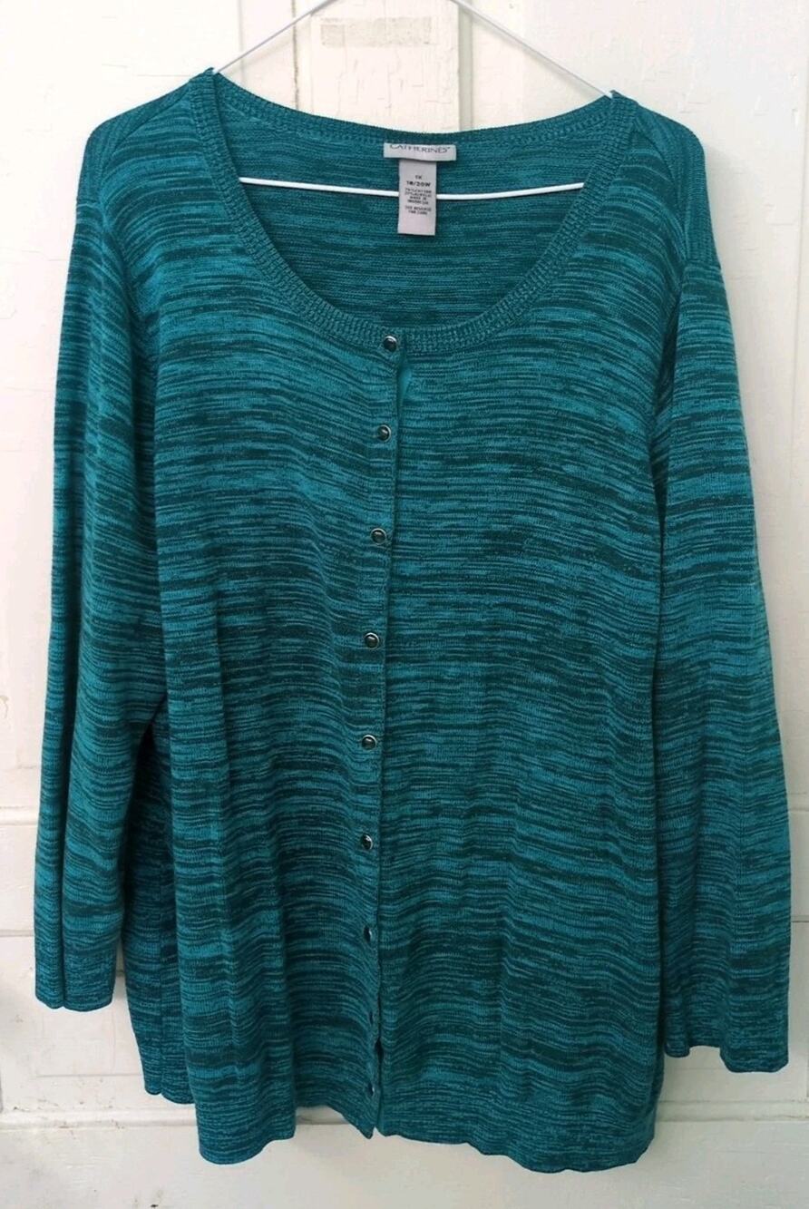 Catherines Cardigan 1X Teal Heathered pearl Snap Up Cardigan Sweater